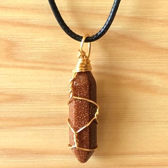 Gold Sandstone Natural Gemstone Hexagonal Point Gold Wire Wrapped Pendant - Picture 3 of 5